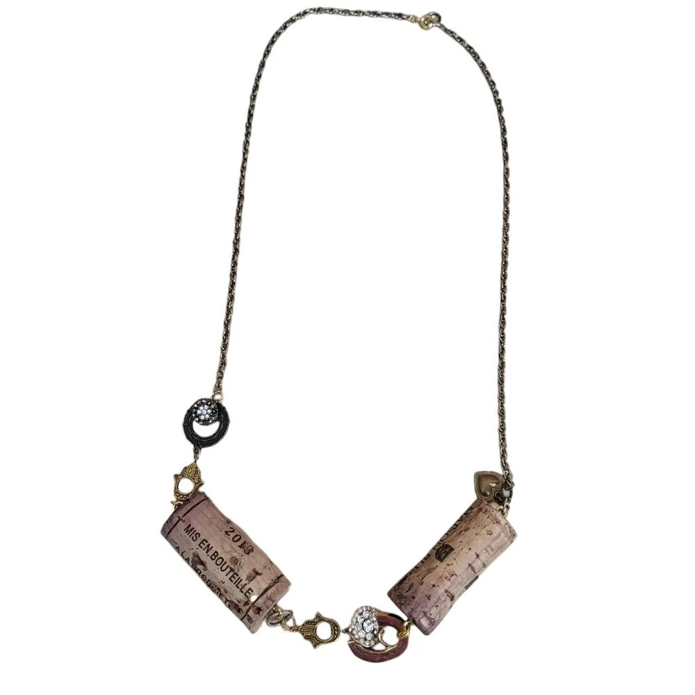 Cork Hamsa Hand Steampunk Bronze Heart Necklace